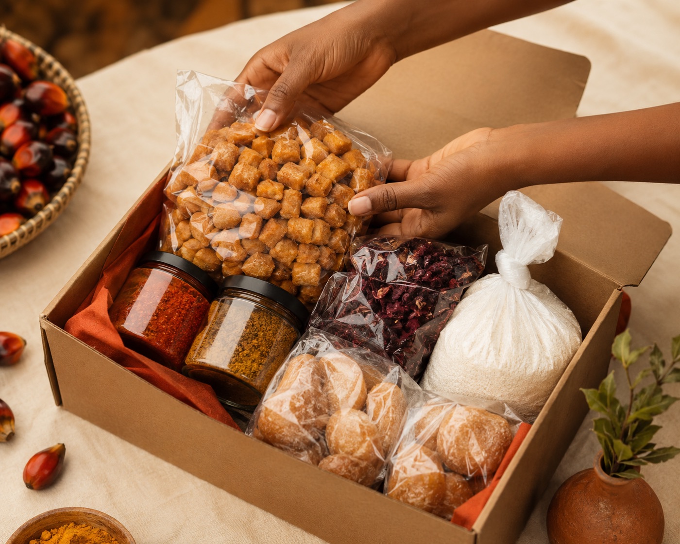 Hands lovingly packing a care package of cultural pantry staples — chin chin, spices, garri